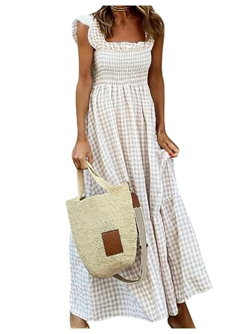 Women's Smocked Plaid Maxi Dress Ruffle Straps A-Line Summer Swing